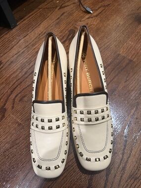 Tory Burch Cream Leather Studded Loafers with Black Trim